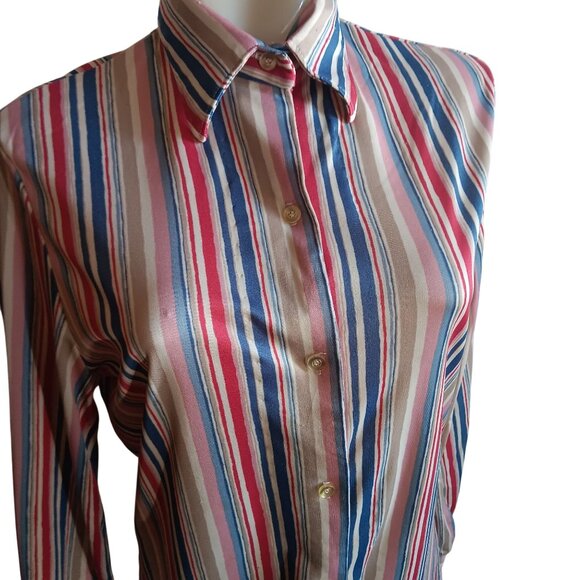 Women's Medium Vintage 1970's Fuss Striped Button-Up Shirt Stretch Polyester - Picture 2 of 7